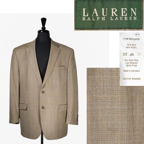 Ralph Lauren Mens Blazer Beige Plaid Check Silk Wool Lined Jacket Sport Coat 46R